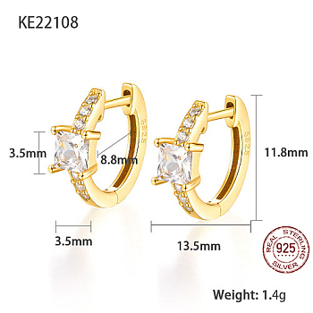 Real 18K Gold Plated 925 Sterling Silver Hoop Earrings, Square Cubic Zirconia Earrings, with S925 Stamp, Clear, 11.8x13.5mm
