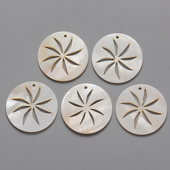 Natural Freshwater Shell Pendants, Flat Round with Hollow Windmill, 30x2mm, Hole: 1.6mm
