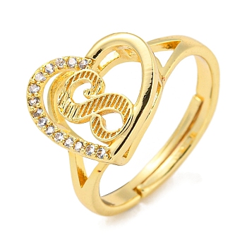 Heart with Letter Rack Plating Brass Micro Pave Cubic Zirconia Adjustable Rings for Women, Lead Free & Cadmium Free, Real 18K Gold Plated, Letter S, Inner Diameter: 16mm