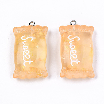 Transparent Resin Pendants, with Paillette & Platinum Tone Iron Peg Bail, Candy with Word Sweet, Sandy Brown, 37x20.5x9.5mm, Hole: 2mm