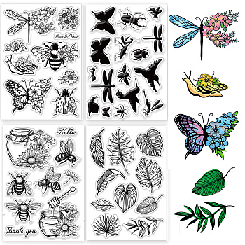 4 Sheets 4 Styles PVC Plastic Stamps, for DIY Scrapbooking, Photo Album Decorative, Cards Making, Stamp Sheets, Insects, 160x110x3mm, about 1 sheet/style