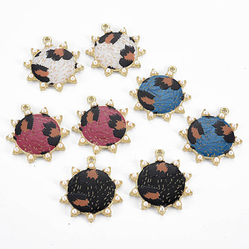 Rack Plating Printed Alloy Pendants, with Enamel and ABS Plastic Imitation Pearl, Cadmium Free & Nickel Free & Lead Free, Sun with Leopard Print, Light Gold, Mixed Color, 36x31x3.5mm, Hole: 2mm