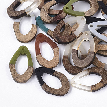 Resin & Walnut Wood Pendants, Teardrop, Mixed Color, 28x17.5x3mm, Hole: 1.8mm