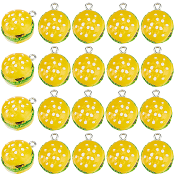 30Pcs Opaque Resin Pendants, with Platinum Tone Iron Loops, Imitation Food, Hamburger, Gold, 20x16x11mm, Hole: 2mm