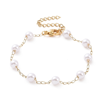 Round Plastic Imitation Pearl Beaded Bracelets, with Vacuum Plating 304 Stainless Steel Curb Chains, White, Golden, 7-1/8 inch(18cm)