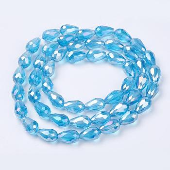 Electroplate Glass Beads Strands, AB Color Plated, Faceted Teardrop, Sky Blue, 15x10mm, Hole: 1mm, 50pcs/strand, 27.1 inch