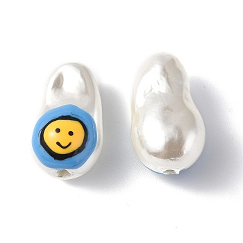 Shell Enamel Beads, Oval with Smiling Face, Dodger Blue, 21~21.5x12.5~13x12mm, Hole: 1~1.2mm