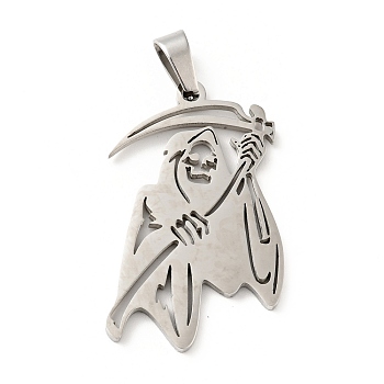 201 Stainless Steel Pendants, Death, Stainless Steel Color, 35x23x1.5mm, Hole: 7x4mm
