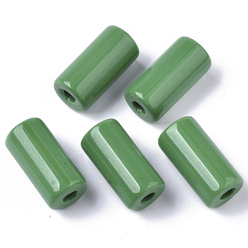 Opaque Glass Bugle Beads, Column, Round Hole, Green, 23~24x11~12mm, Hole: 4mm, about 85pcs/bag