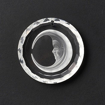 Transparent Glass Pendants, for Chandelier Crystal Hanging Pendants, Faceted, Flat Round with Moon, Clear, 45x10.5mm, Hole: 1.6mm