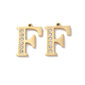 Real 14K Gold Plated 304 Stainless Steel Pendants, with Rhinestone, Letter F, 18x14x2mm, Hole: 1.2mm