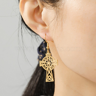 304 Stainless Steel Cross with Sailor's Knot Dangle Earrings for Women(EJEW-F320-01G)-4