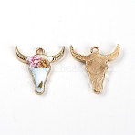 Zinc Alloy Enamel Pendants, Ox-Head Shape with Flower Pattern Charms, Colorful, 22x21x2.5mm, Hole: 2mm(ENAM-N056-213A)