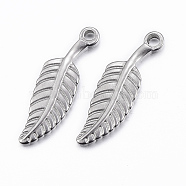 304 Stainless Steel Pendants, Leaf, Stainless Steel Color, 26x7.5x2.5mm, Hole: 2mm(STAS-G179-19P)
