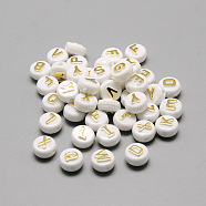 Plating Acrylic Beads, Golden Metal Enlaced, Horizontal Hole, Mixed Letters, Flat Round, Gold, 9.5~10x6mm, Hole: 2mm(X-SACR-S297-11)