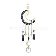 Moon & Star Brass Hanging Ornaments, Natural Lapis Lazuli Chips and Glass Tassel Suncatchers, 300~308mm(HJEW-TA00095-04)