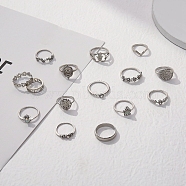 15Pcs 15 Style Flower & Hamsa Hand & Oval & Cross Alloy Finger Rings Set, Stackable Rings for Women, Platinum, Inner Diameter: 16~18mm, 1Pc/style(AJEW-PW0005-13P)