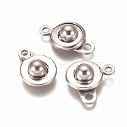 201 Stainless Steel Snap Clasps, Flat Round, Stainless Steel Color, 15x9x5mm, Hole: 1.5mm and 2mm(STAS-I137-06P)