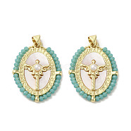 Brass Pave Shell Pendants, Oval Charms with Glass Beads Wrapped and ABS Imitation Pearl Beads, Real 18K Gold Plated, Dark Turquoise, 31~32x23.5x4.5mm, Hole: 3.5x4.5mm(KK-I708-01B-G)