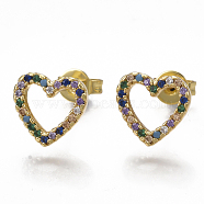 Brass Micro Pave Cubic Zirconia(Random Mixed Color) Ear Studs, with Ear Nuts, Heart, Golden, 9x9.5mm, Pin: 0.7mm(EJEW-S201-88)