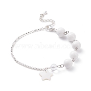 Natural Quartz Crystal Beaded Bracelet with 304 Stainless Steel Rolo Chains, Shell Star Charm Bracelet for Women, Silver, 7-3/8 inch(18.8cm)(BJEW-JB08145-02)