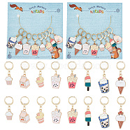 Alloy Enamel Pendant Stitch Markers, Crochet Leverback Hoop Charms, Locking Stitch Marker with Wine Glass Charm Ring, Boba Milk Tea/Ice-lolly/Cupcake, Mixed Color, 3~4.1cm, 8 style, 2pcs/style, 16pcs/set(HJEW-AB00208)