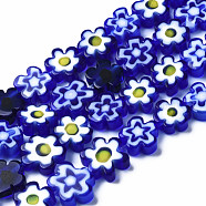 Handmade Millefiori Glass Bead Strands, Flower, Blue, 7.5~9x3mm, Hole: 1mm, about 55~57pcs/strand, 15.55 inch~15.94 inch(39.5cm~40.5cm)(LAMP-J035-8mm-37)