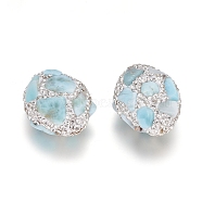 Polymer Clay Rhinestone Beads, with Natural Larimar Chips, Oval, Crystal, 28~30x21.5~23x13~15mm, Hole: 1.4mm(G-E562-05)