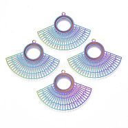 Ion Plating(IP) 304 Stainless Steel Filigree Pendants, Etched Metal Embellishments,  Fan, Rainbow Color, 31.5x40.5x0.4mm, Hole: 1.5mm(STAS-T057-13)