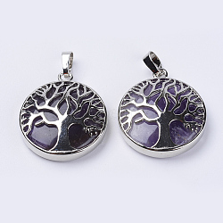 Natural Amethyst Pendants, with Platinum Plated Brass Findings, Flat Round with Tree of Life, 31x27x8mm, Hole: 3.5x7mm(G-P350-D01)