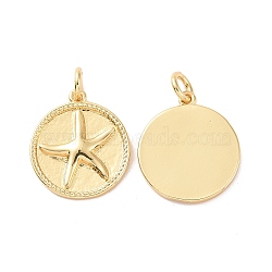 Rack Plating Brass Charms, with Jump Ring, Cadmium Free & Lead Free, Long-Lasting Plated, Flat Round with Starfish Pattern, Real 18K Gold Plated, 17x15x2mm, Jump Ring: 5x1mm, Inner Diameter: 3mm(KK-C004-04G)