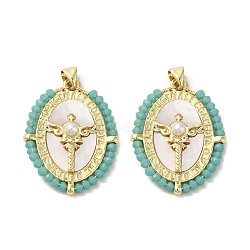 Brass Pave Shell Pendants, Oval Charms with Glass Beads Wrapped and ABS Imitation Pearl Beads, Real 18K Gold Plated, Dark Turquoise, 31~32x23.5x4.5mm, Hole: 3.5x4.5mm(KK-I708-01B-G)