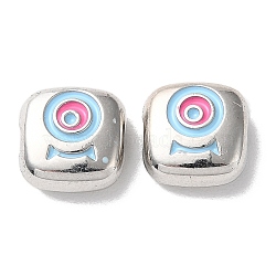 Eco-Friendly Alloy Enamel Beads, Square with Eye, Platinum, 10x10x4mm, Hole: 1.8mm(PALLOY-M215-07P)