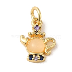 Brass Micro Pave Colorful Cubic Zirconia Glass Pendants, Real 18K Gold Plated, Teapot, 13x9.5x2.8mm, Hole: 3.2mm(KK-R162-026A-G)