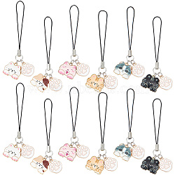 Cat & Paw Print Alloy Enamel Mobile Straps, Polyester Cord Mobile Accessories Decoration, Mixed Color, 7.7cm, 12pcs/set(HJEW-AB00588)