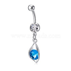 Piercing Jewelry, Brass Cubic Zirconia Navel Ring, Navel Ring Belly Rings, with 304 Stainless Steel Bar, Lead Free & Cadmium Free, Leaf, Platinum, Deep Sky Blue, 38x11.5mm, Bar Length: 3/8"(10mm), Bar: 14 Gauge(1.6mm)(AJEW-EE0006-23B)
