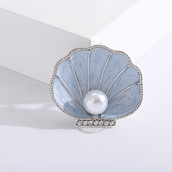 Alloy Enamel Brooches, Plastic Pearl & Rhinestone Pin, Jewely for Women, Shell, Light Steel Blue, 33x38mm(PW-WG87316-02)