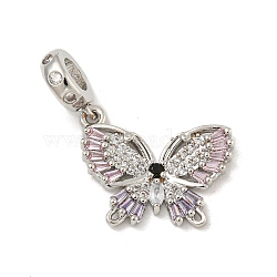 Rack Plating Brass Pave Colorful Cubic Zirconia European Dangle Charms, Butterfly Large Hole Pendants, Long-Lasting Plated, Cadmium Free & Lead Free, Platinum, 32.5mm, Hole: 5mm(KK-P277-19P)