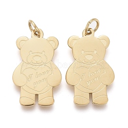 Valentine's Day Ion Plating(IP) 304 Stainless Steel Pendants, with Jump Ring, Laser Cut, Bear with Word I Love You, Golden, 17x10x0.8mm, Jump Ring: 4x0.6mm, 2.8mm Inner Diameter(STAS-H100-33G)