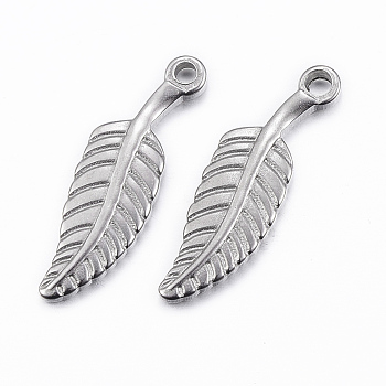 304 Stainless Steel Pendants, Leaf, Stainless Steel Color, 26x7.5x2.5mm, Hole: 2mm