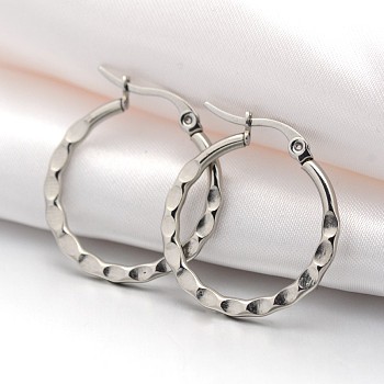 201 Stainless Steel Hoop Earrings, with 304 Stainless Steel Pin, Hypoallergenic Earrings, Dapped Ring, Stainless Steel Color, 27x25x2mm, Pin: 1x0.6mm