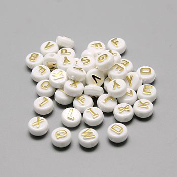 Plating Acrylic Beads, Golden Metal Enlaced, Horizontal Hole, Mixed Letters, Flat Round, Gold, 9.5~10x6mm, Hole: 2mm
