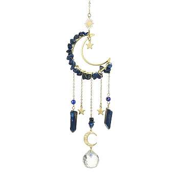 Moon & Star Brass Hanging Ornaments, Natural Lapis Lazuli Chips and Glass Tassel Suncatchers, 300~308mm