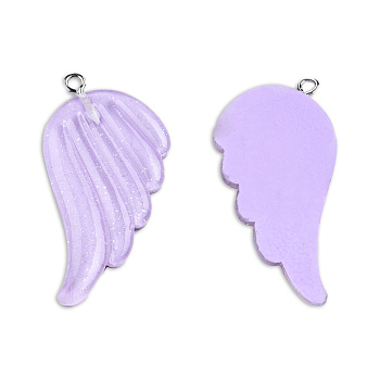 Translucent Resin Pendants, Wing Charms, with Platinum Plated Iron Loops and Glitter Powder, Lilac, 41x30x4mm, Hole: 2mm