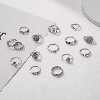 15Pcs 15 Style Flower & Hamsa Hand & Oval & Cross Alloy Finger Rings Set, Stackable Rings for Women, Platinum, Inner Diameter: 16~18mm, 1Pc/style