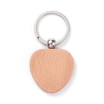 Natural Wood Keychain, with Platinum Plated Iron Split Key Rings, Heart, BurlyWood, 7.6cm, Heart: 48.5x39x7mm