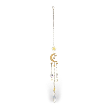 Brass Big Pendant Decorations, Hanging Suncatchers, with Horse Eye Glass Beads and Iron Findings, for Home Window Decoration, Moon, 390mm, pendant: 235x36x11.5mm