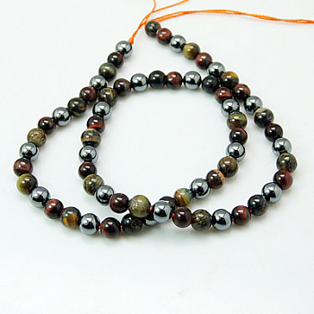 Natural Tiger Iron & Synthetic Hematite Beads Strands, Dyed & Heated, Round, Saddle Brown, 10mm, Hole: 1mm, about 39pcs/strand, 15.7 inch