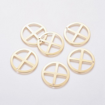 201 Stainless Steel Wheel Pendants, Flat Round with Cross, Golden, 28x0.7mm, Hole: 1.8mm