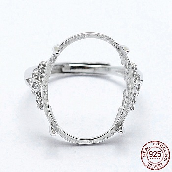 Rhodium Plated 925 Sterling Silver Finger Ring Components, with Cubic Zirconia, Adjustable, Platinum, Size 8 (18mm), 2mm wide, Tray: 15x20mm